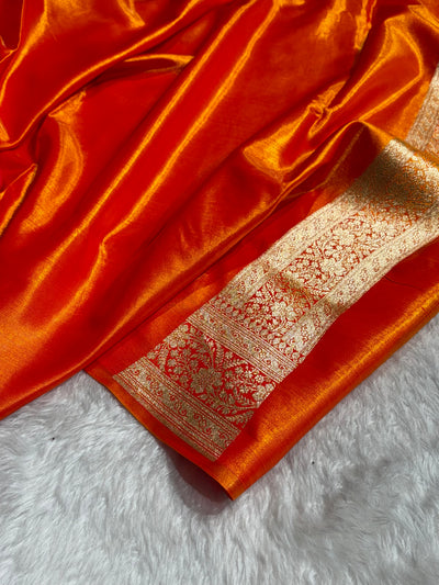 Fire Gold Shades Cross Pattern Banarasi Satin Silk Saree SS50