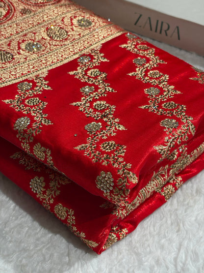 Banarasi Bridal Red Shades With Swarovski Stone and White Stone Work Satin Silk Saree BSS32