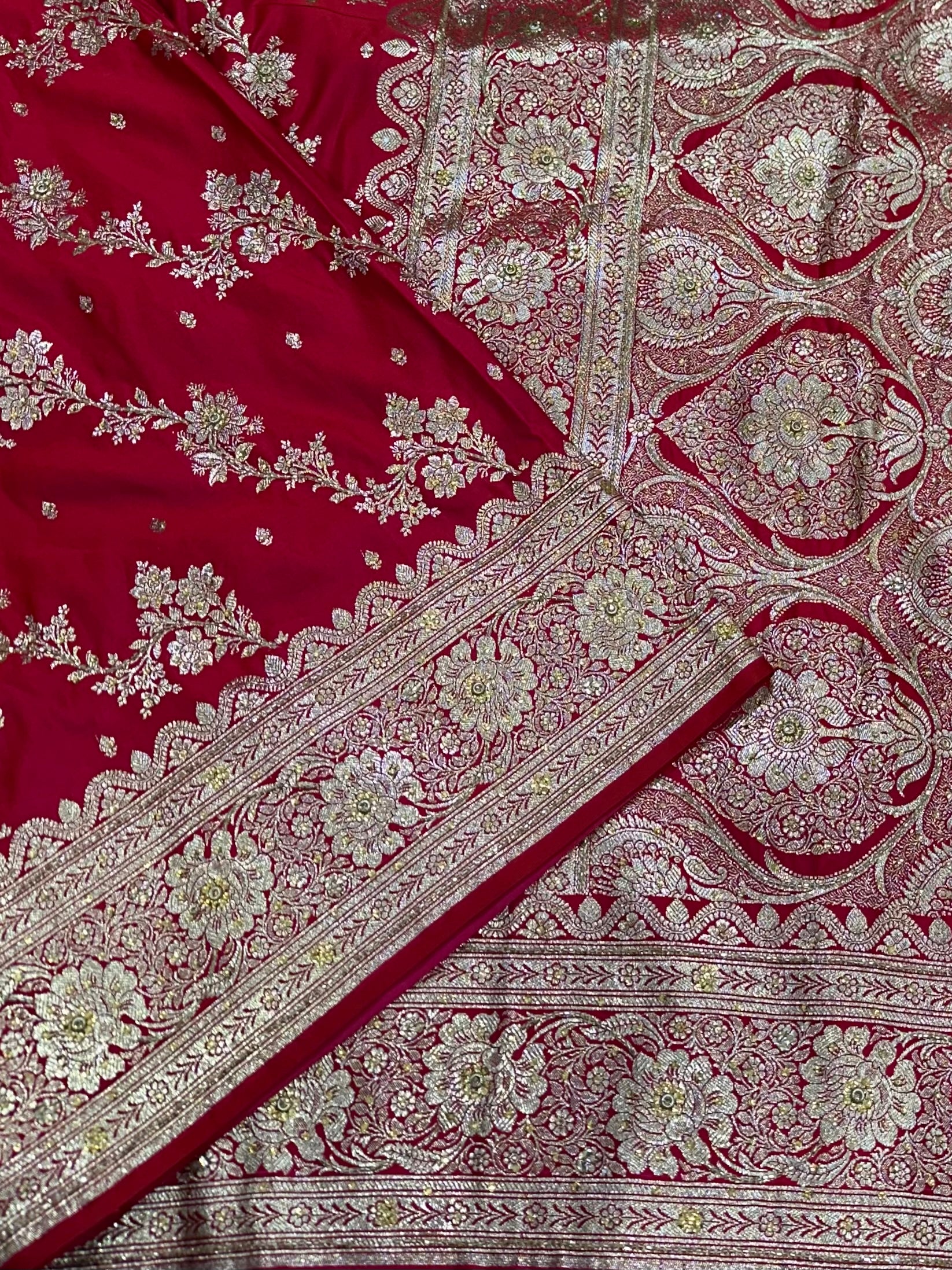 Red and Rani Cross Katan Silk Saree with Ari and Stone Work