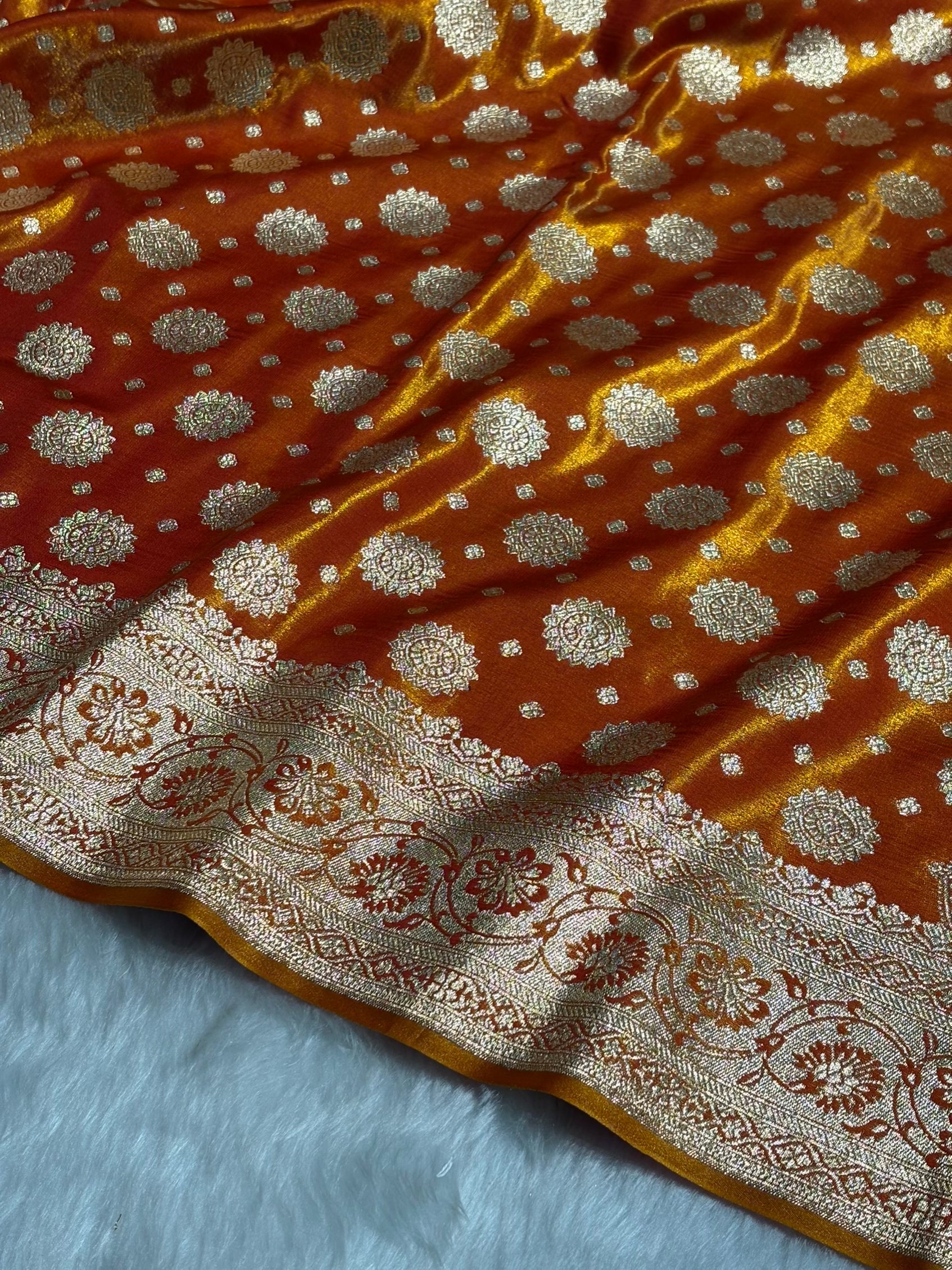 Satin Silk Booti Boota in Orange SS09