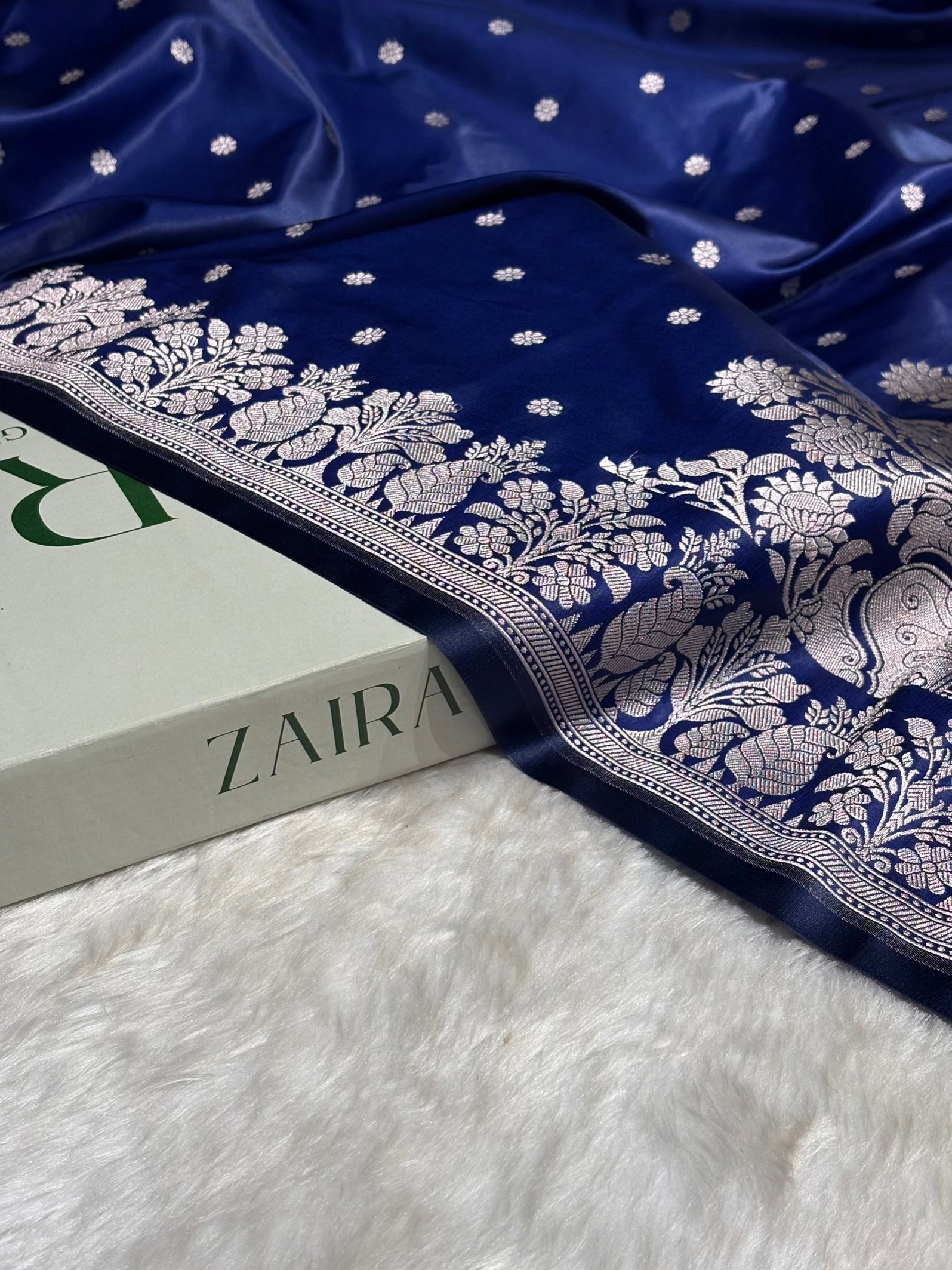 Navy Blue Floral Boota With Floral Border Mashru Silk Saree MSM 79