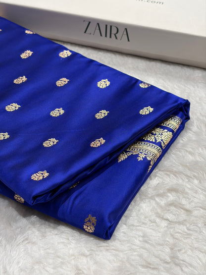 Banarasi Cross Royal Blue Floral Pattern Satin Katan Silk Saree SK76