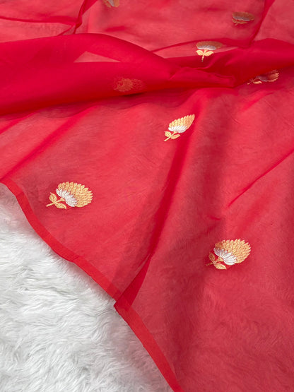 Pure Banarasi Organza Red Shades With Minakari Floral Banarasi Silk Saree PO-23