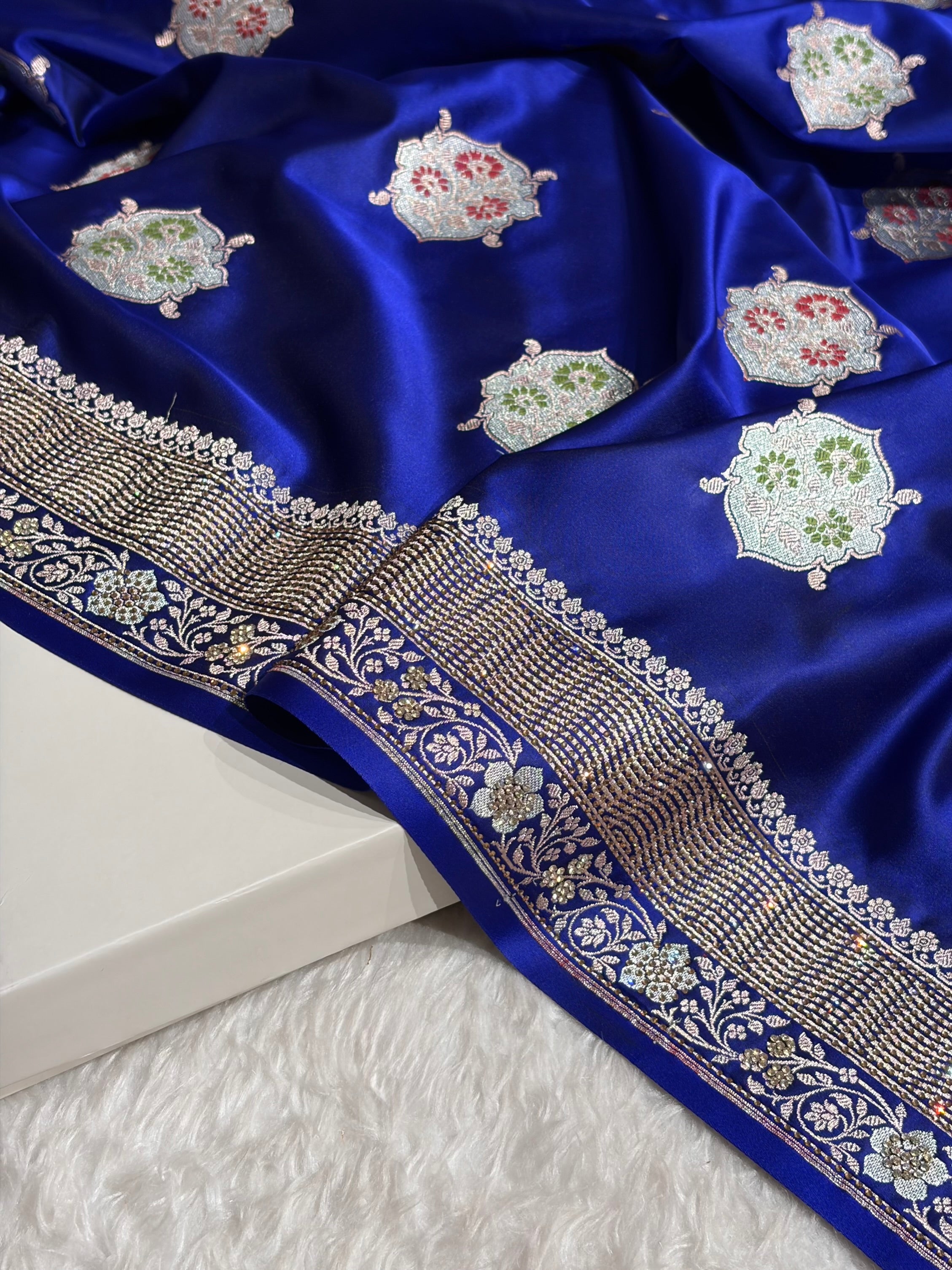 Premium Banarasi Satin Katan Saree Swarovski Work Minakari Booti Pattern in Royal Blue Shades BSK04