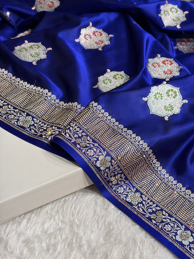 Premium Banarasi Satin Katan Saree Swarovski Work Minakari Booti Pattern in Royal Blue Shades BSK04