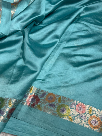 Aqua Green Flower Boota Pure Caramel Mango Silk Saree