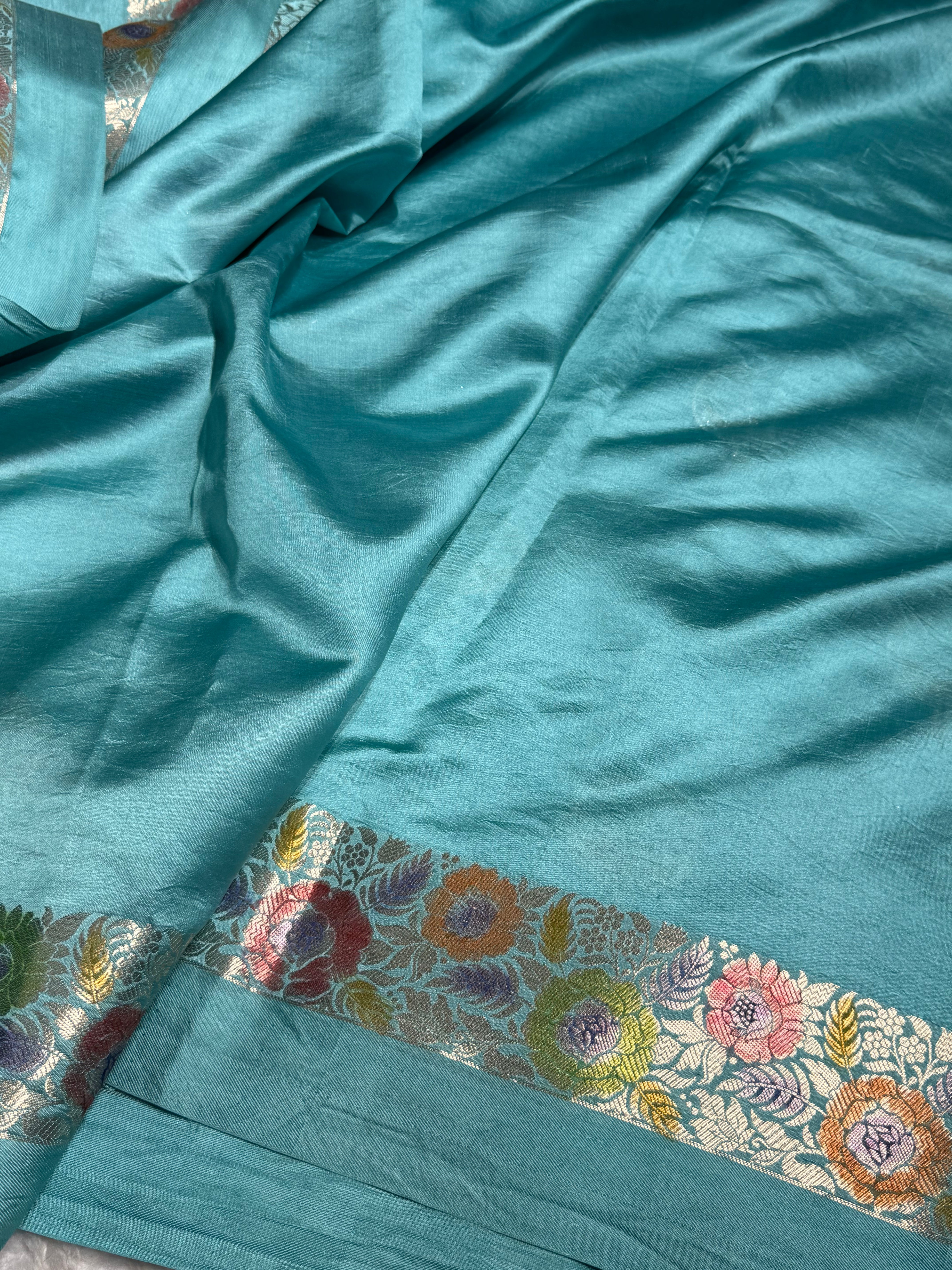 Aqua Green Flower Boota Pure Caramel Mango Silk Saree