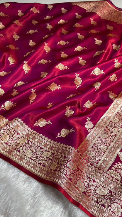 Satin Silk Saree Floral Boota in Magenta Red Shades In Nine Yards SSNY26