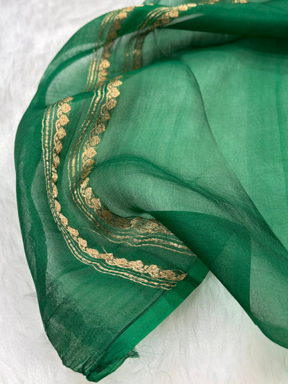 Bottle Green Tissue Organza Bananasi Floral Shades Pure Tissue Silk Saree PT-56