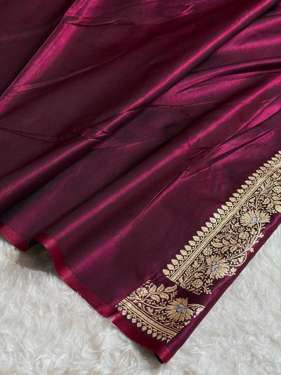 Banarasi Wine Shades Minakari Booti Pattern Banarasi Satin Silk Saree SS60