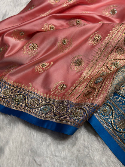 Light Pink with Blue Contrast Floral Boota With Swarovski & Zardozi Work Satin Katan Silk saree BSK27