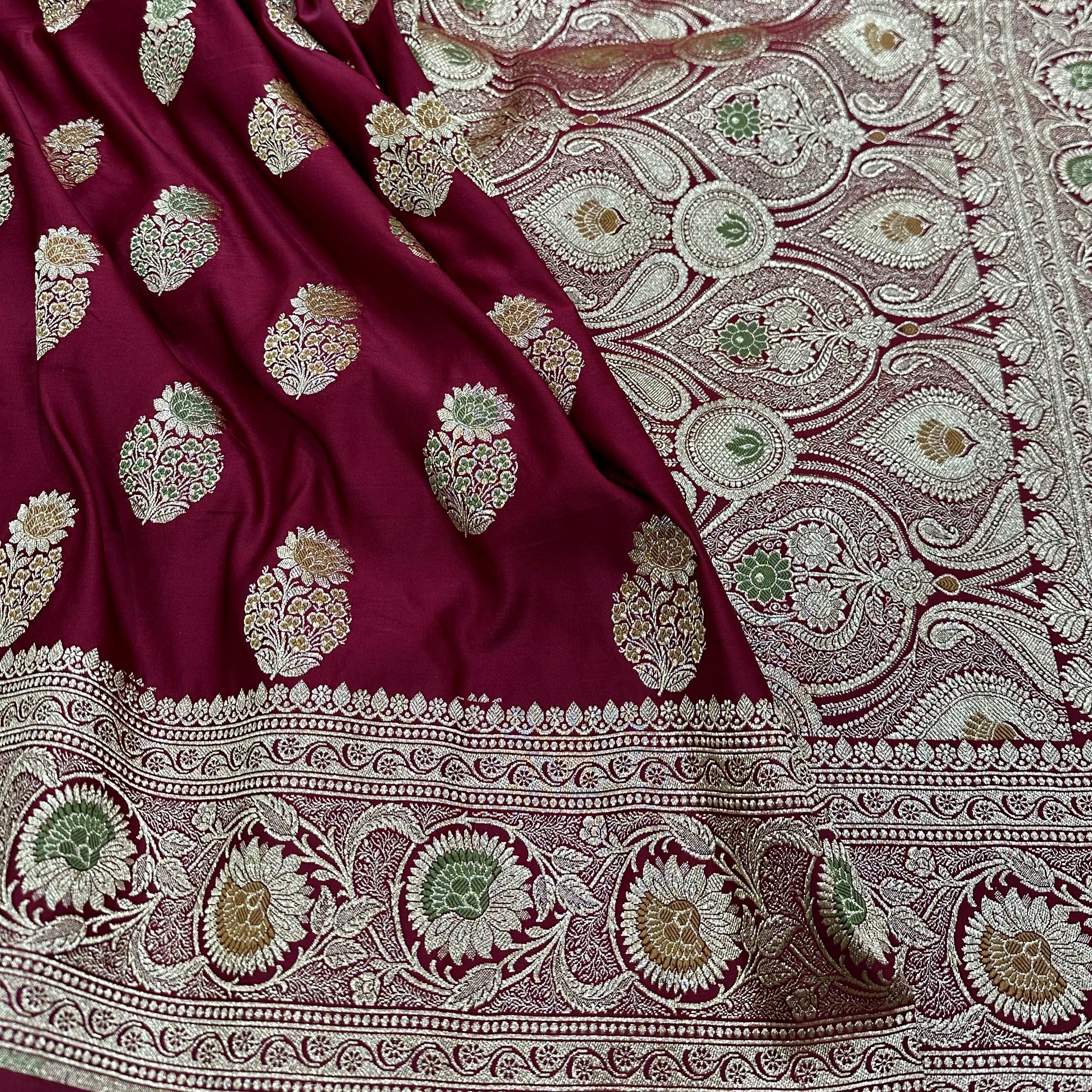 Mashru Katan Meena Silk Saree in Mahroon Shades.