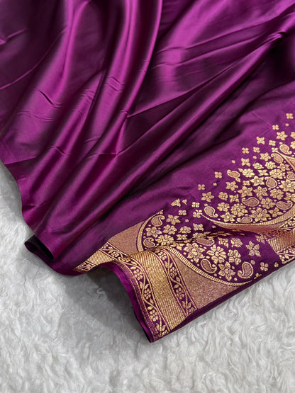 Banarasi Satin Katan Saree With Boota in Wine Shades SK111