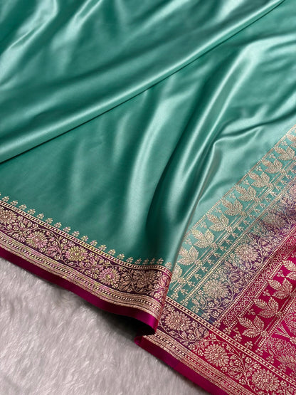 Banarasi Satin Katan Saree in Contrast Sea Green / Wine Shades SK131
