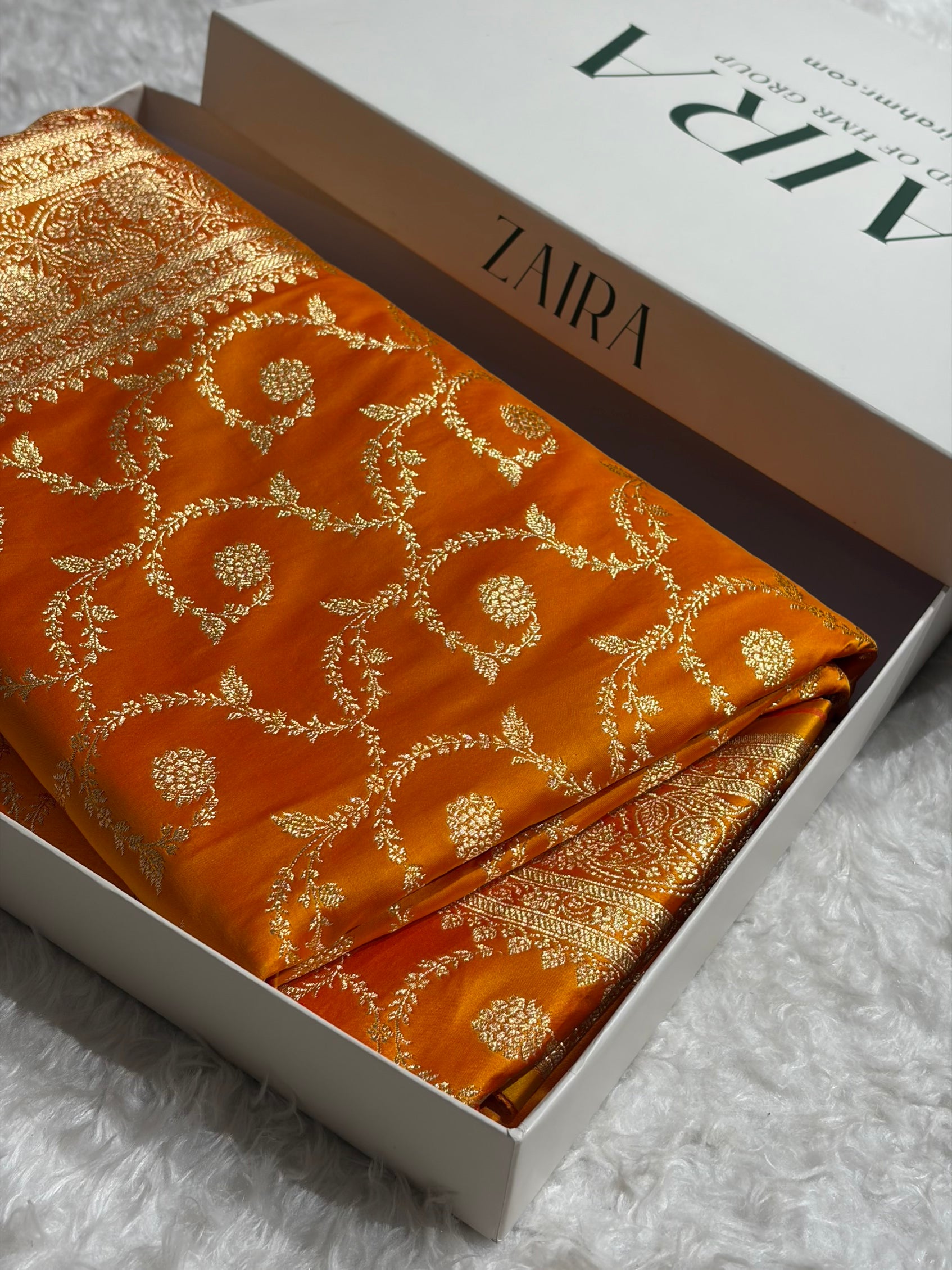 Banarasi Fanta Orange Floral Jaal Pattern Satin Katan Silk saree SK55