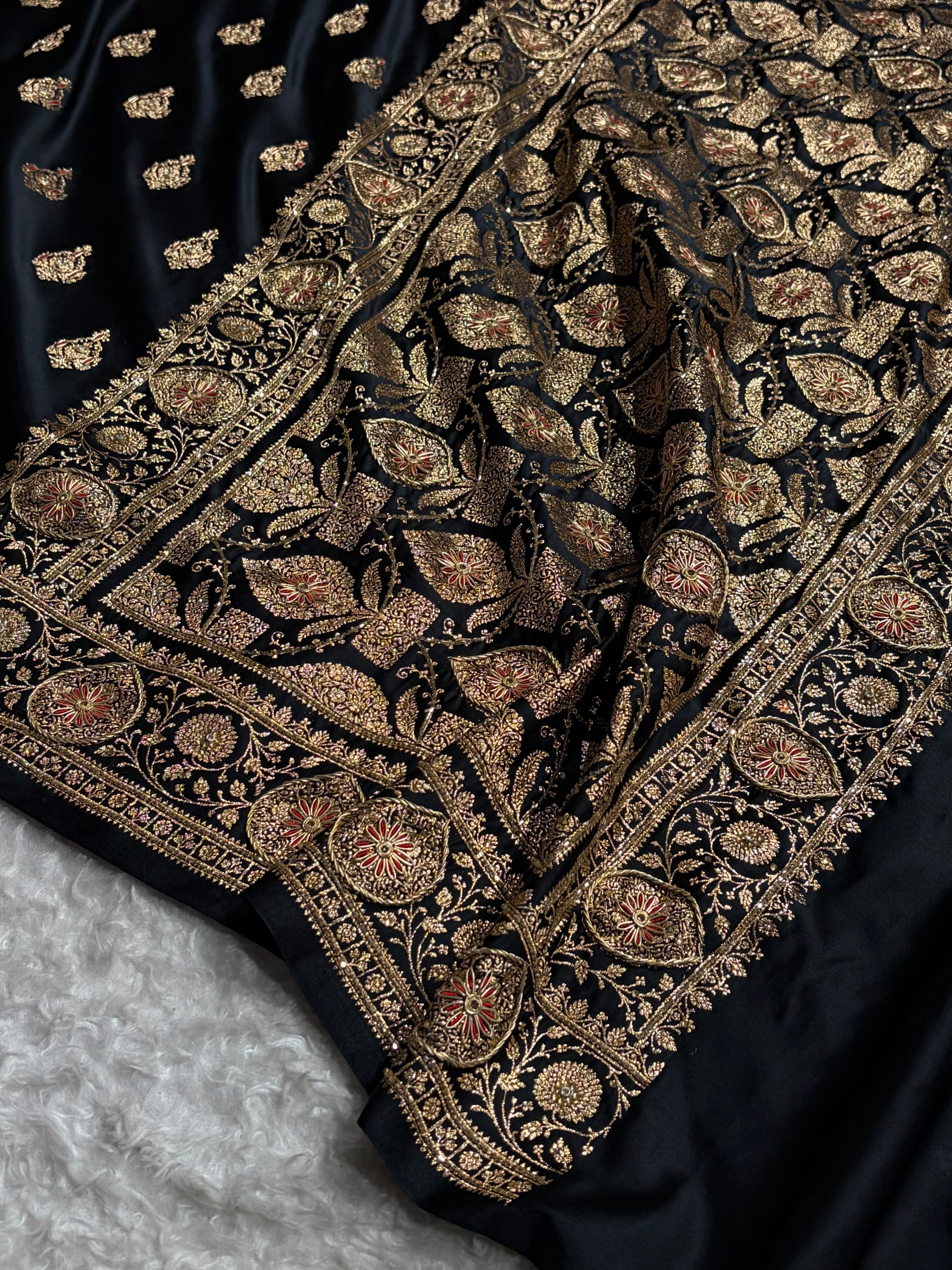 Banarasi Satin Katan Saree With Aari Zardozi Work Boota in Black Shades BSK98