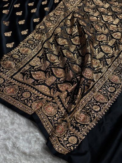 Banarasi Satin Katan Saree With Aari Zardozi Work Boota in Black Shades BSK98