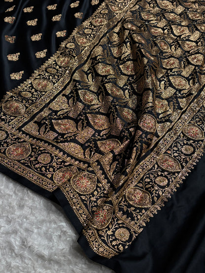 Banarasi Satin Katan Saree With Aari Zardozi Work Boota in Black Shades BSK98