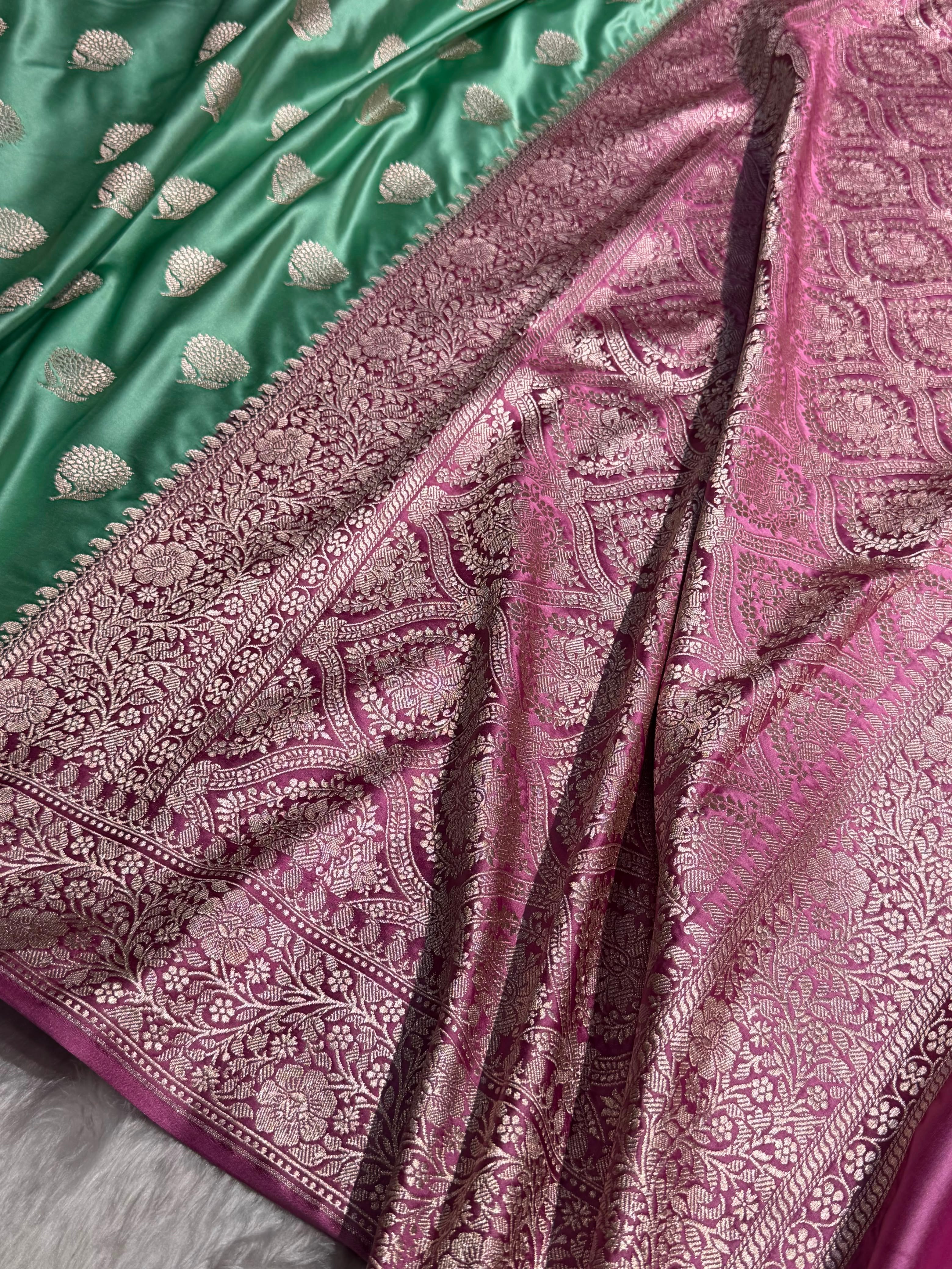 Contrast Sea Green / Copper Tree Boota Mashru Silk Saree MCS19