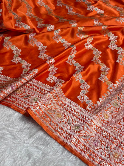 Orange Shades Banarasi Minakari Mashru Silk Saree With Cross Pattern MS02
