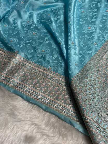 Banarasi Tanchoi Sky Blue Floral Booti Mashru Silk Saree MS59