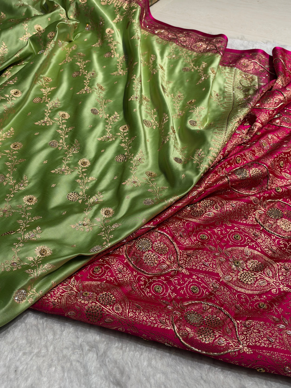 Pista and Rani Contrast Banarasi Satin Katan Saree With Aari Zardozi Work Boota in Cross Pista Green Shades BSK157