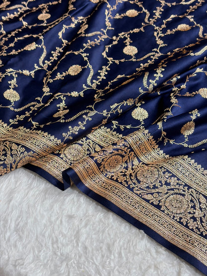 Banarasi Satin Katan Saree in Jaal Pattern Navy Blue Shades SK86