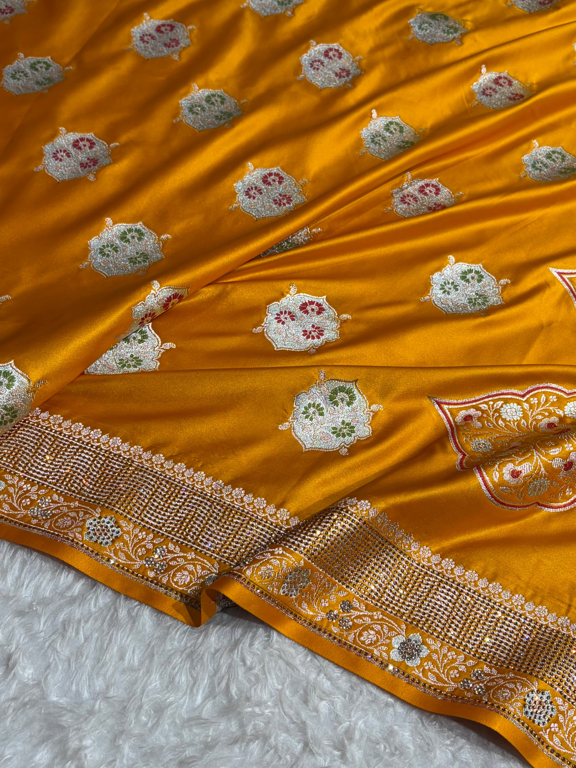 Premium Banarasi Satin Katan Saree Swarovski Work Minakari Booti Pattern in Mustard Shades BSK04