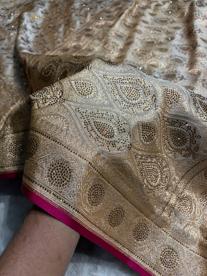 Beige Shades Cross With Swarovski Work Satin Katan Silk Saree BSK17