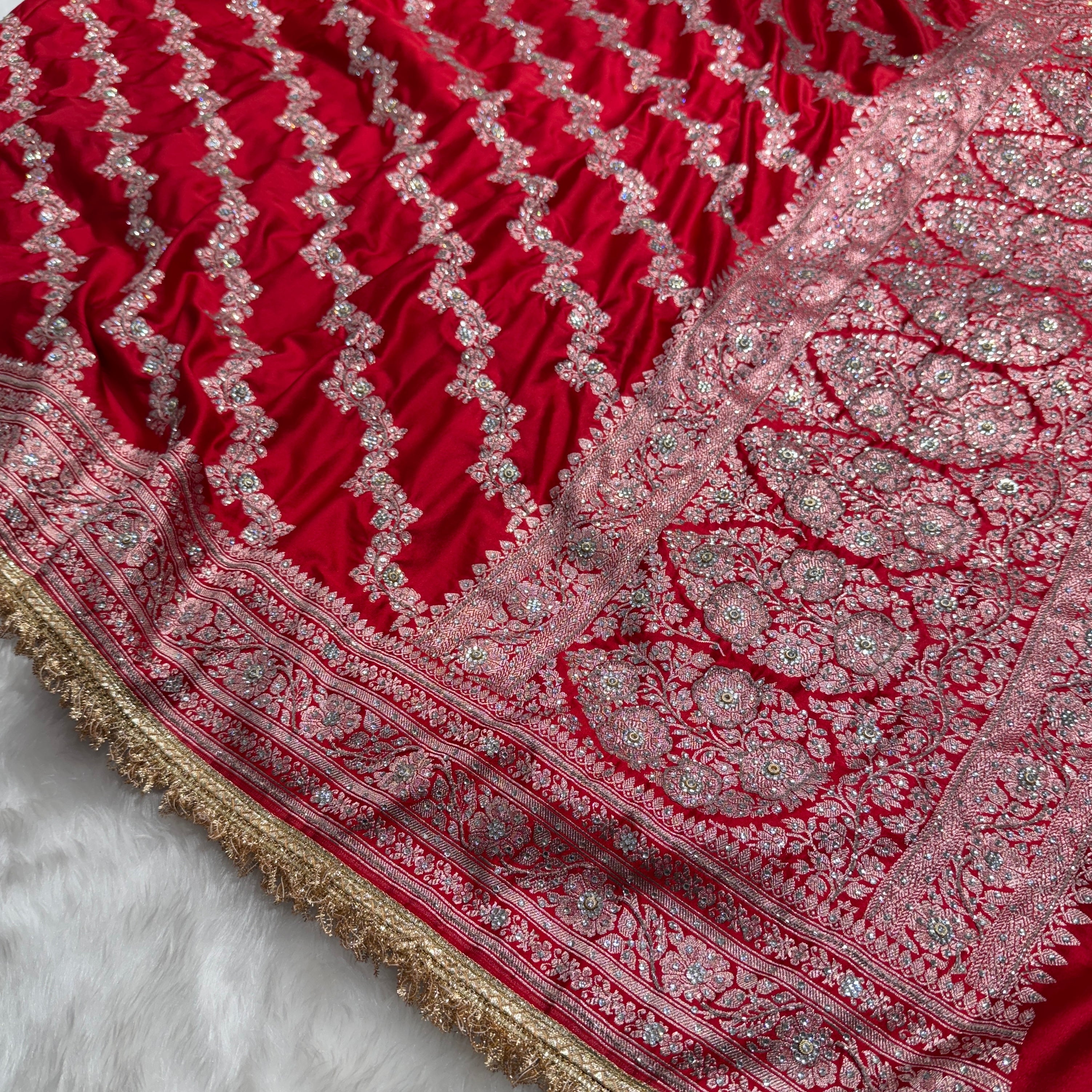 Bridal Red Mashru Silk with Ari and stone work with Gotta Patti