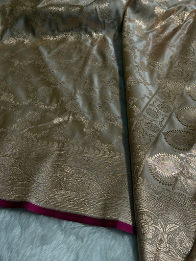 Beige Jaal Pattern Satin Katan Silk Saree SK25