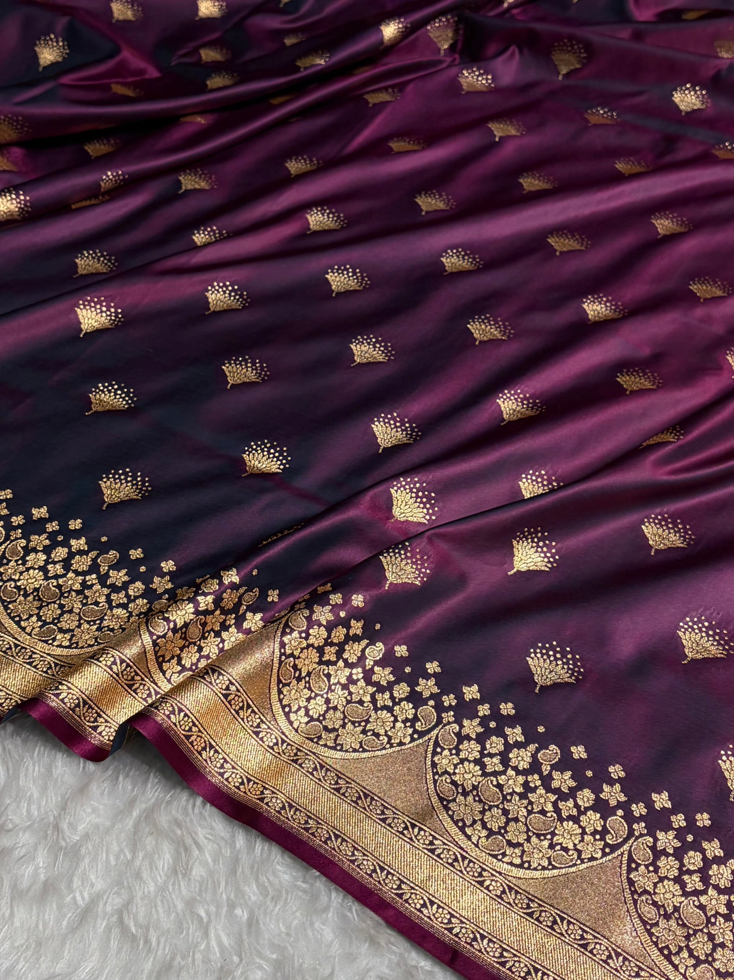 Cross Wine Floral Banasari Pattern Satin Katan Silk Saree SK83