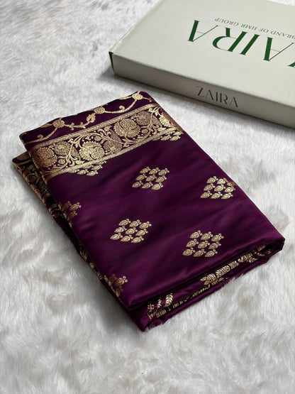 Wine Floral Boota Satin Katan Silk saree SK34
