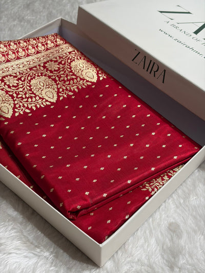 Satin Silk Saree Floral Boota in Red Shades SS28