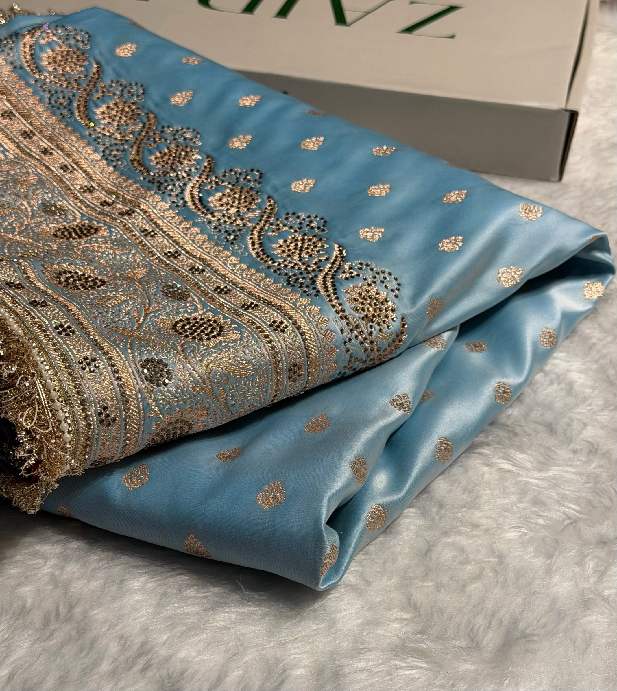 Banarasi Katan Silk Saree In light Sky Blue Shades With Swarovski & Gotta Patti Work BSKGP08