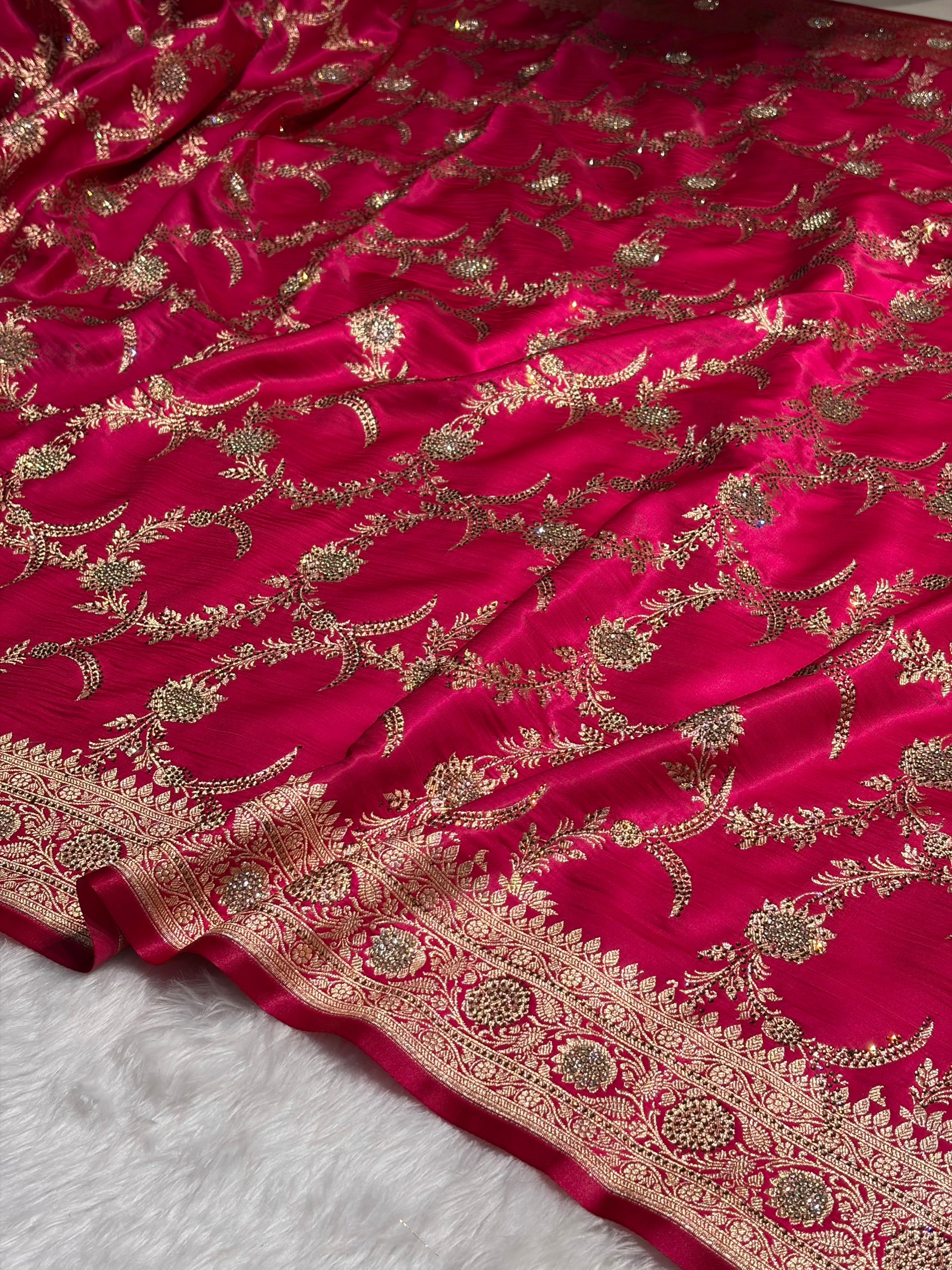 Rani Shades Swarovski Work Jaal Pattern Satin Silk Saree SS18