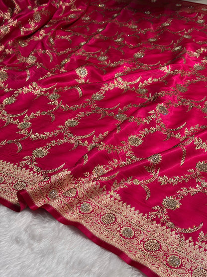 Rani Shades Swarovski Work Jaal Pattern Satin Silk Saree SS18