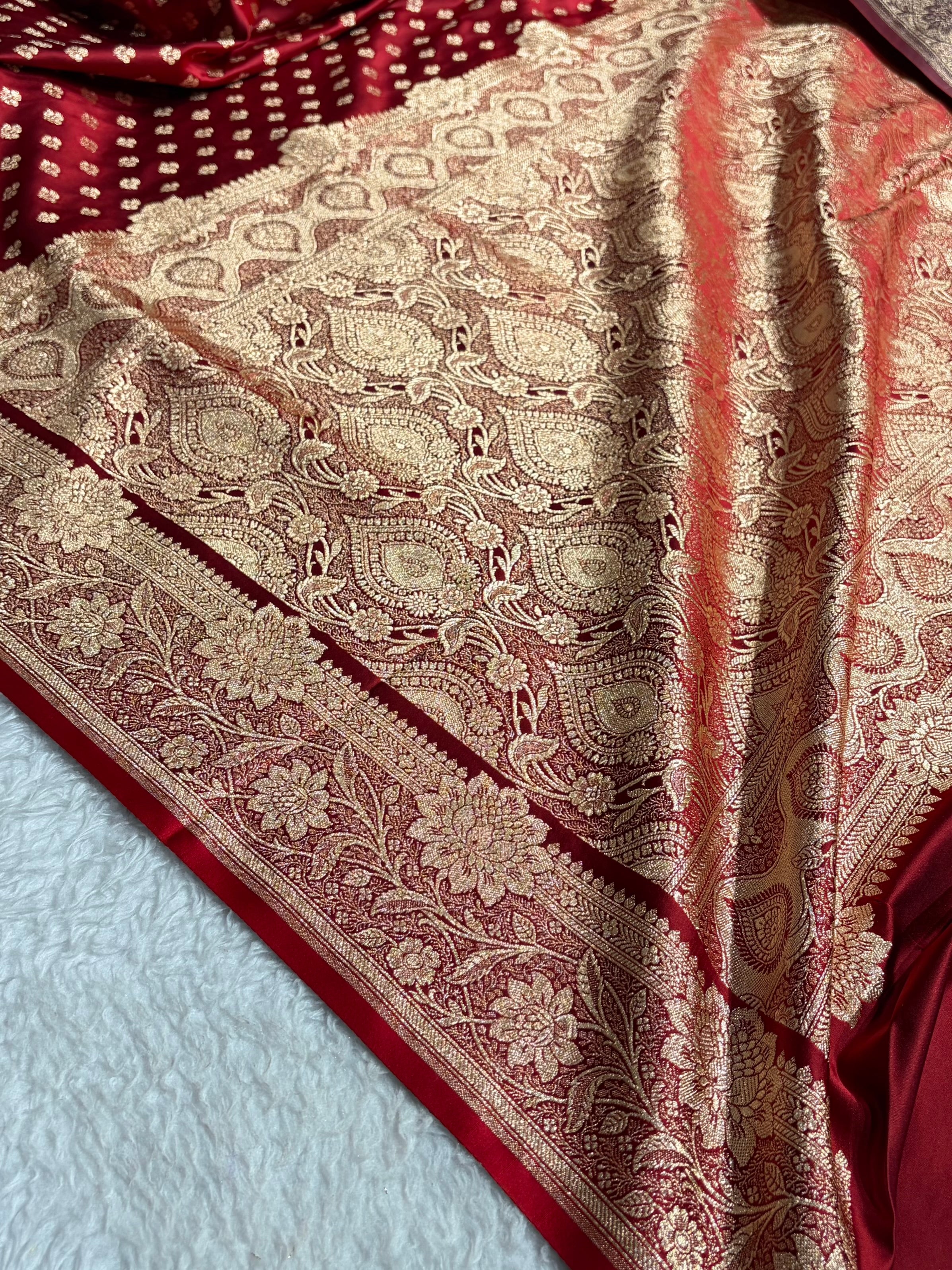 Maroon Shades Booti Satin Katan Silk saree