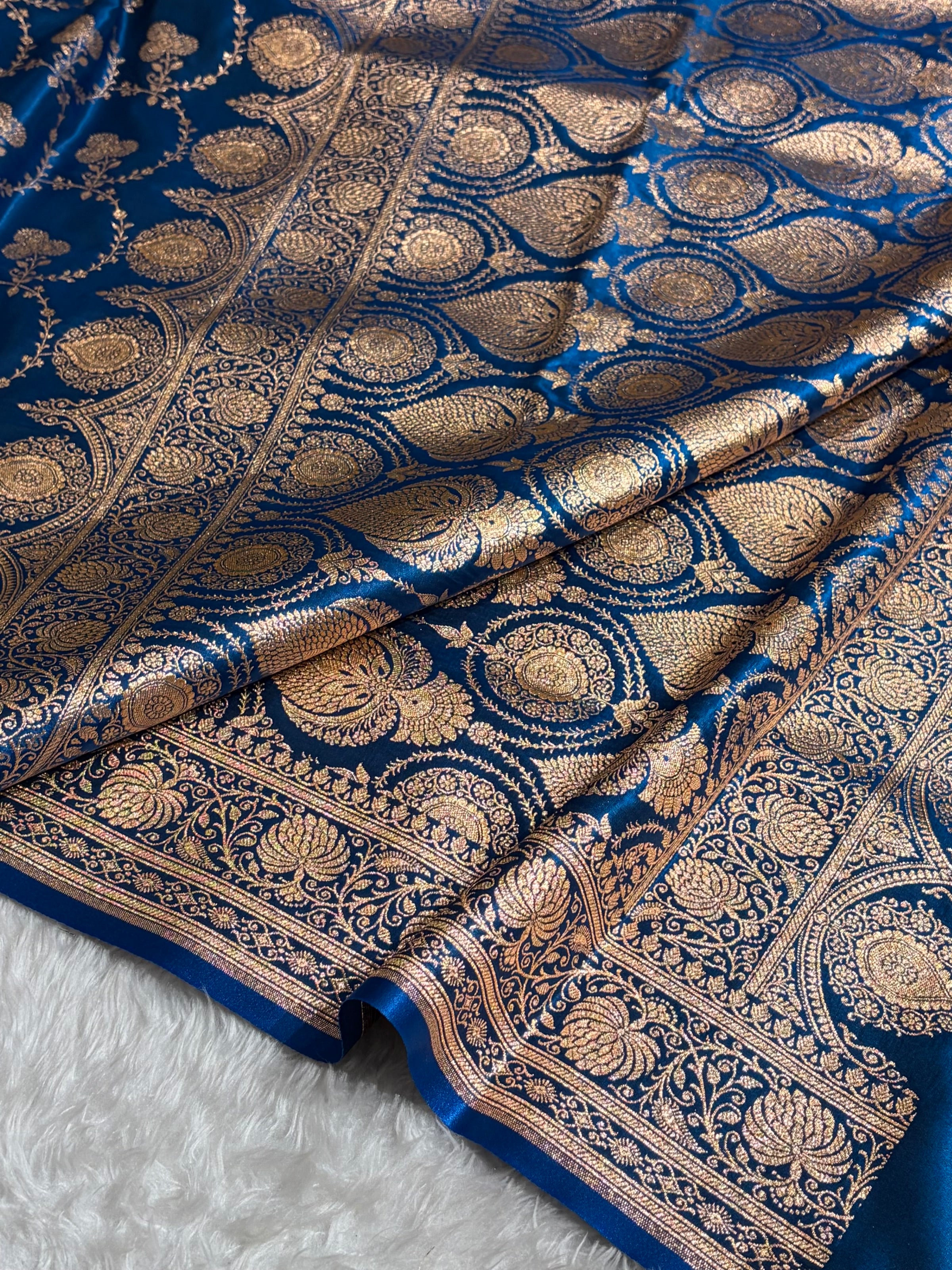 Banarasi Satin Silk Saree Jaal in German Blue Shades SS23