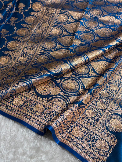 Banarasi Satin Silk Saree Jaal in German Blue Shades SS23