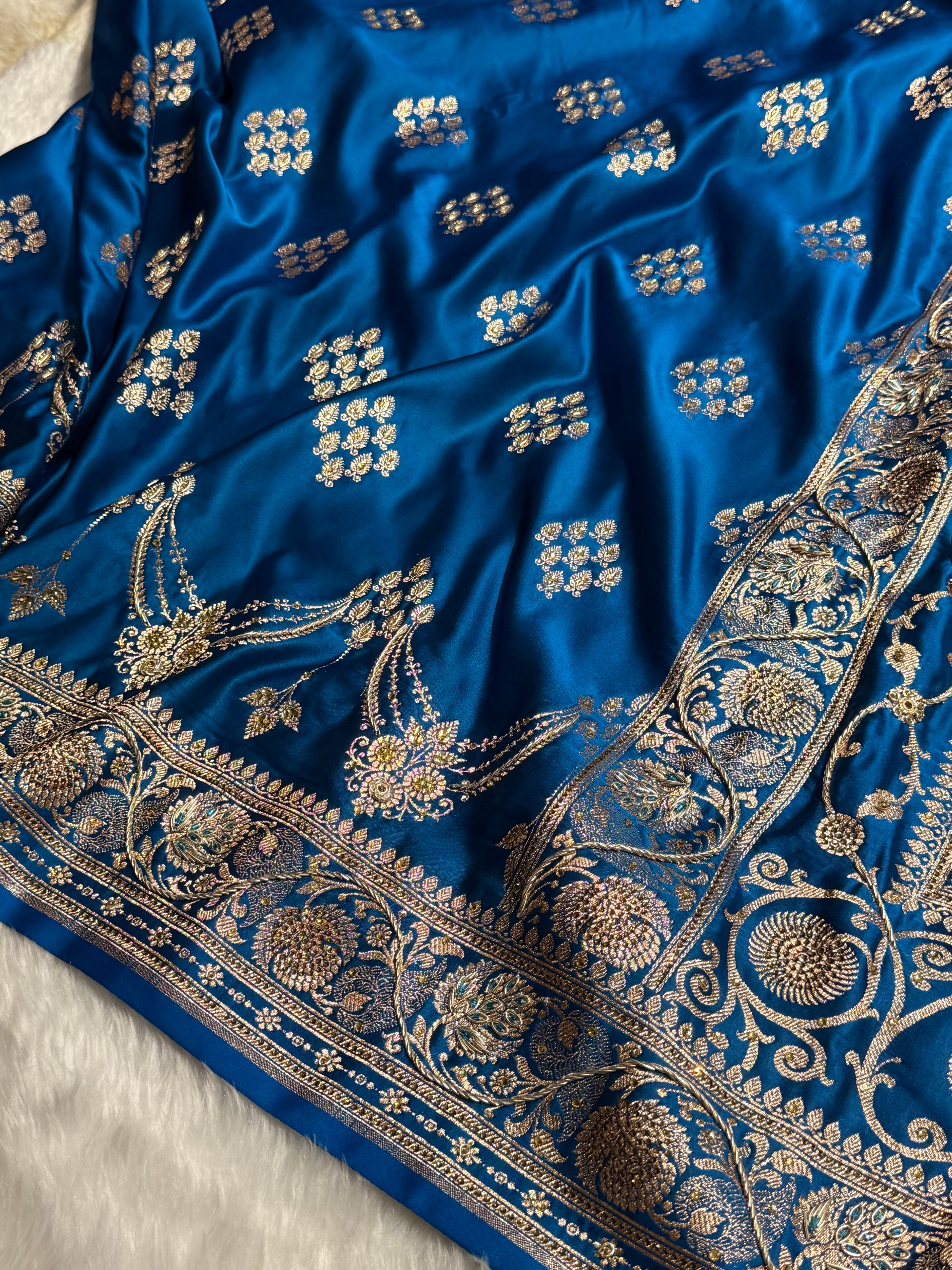 Cross Blue Floral Boota Pattern With Zardozi Stone Work Satin Katan Silk saree BSK34