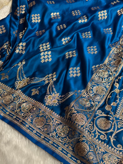 Cross Blue Floral Boota Pattern With Zardozi Stone Work Satin Katan Silk saree BSK34