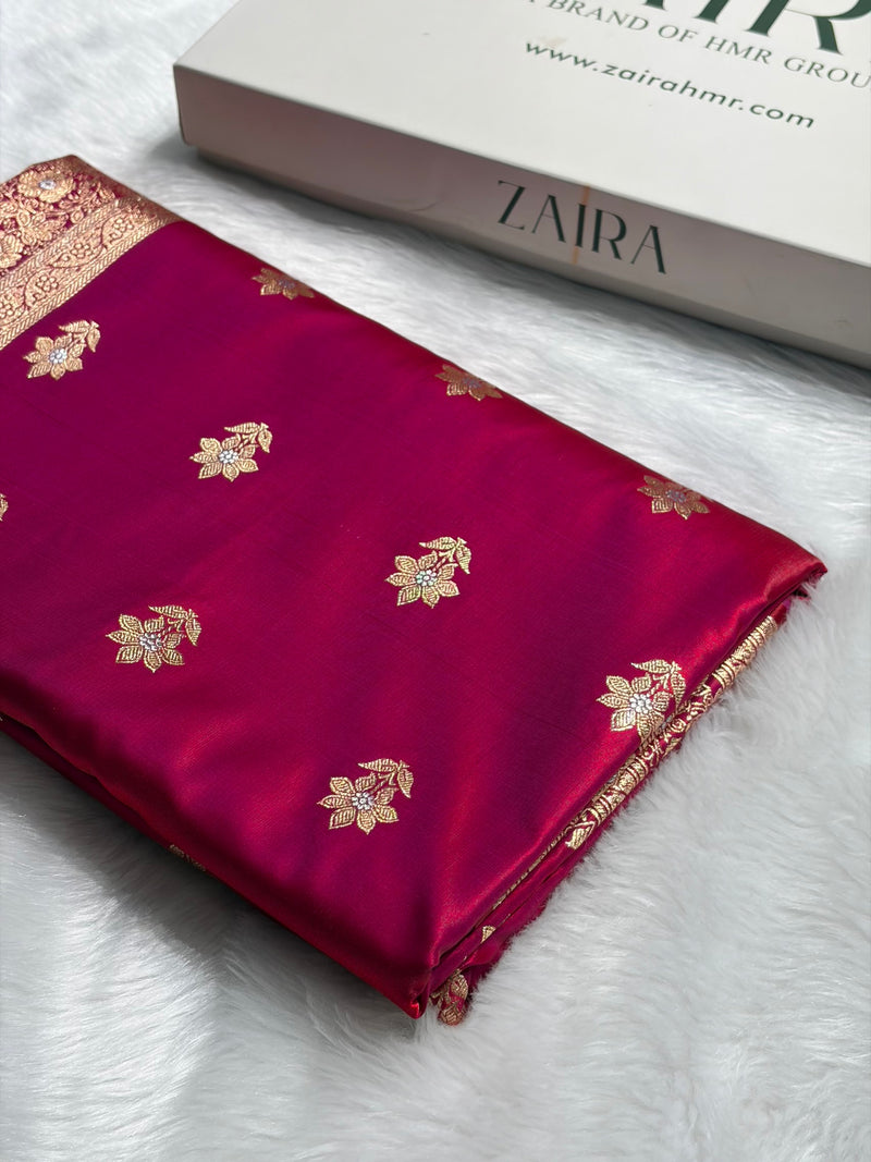 Reddish Magenta Shades Minakari Boota Pattern Banarasi Satin Silk Saree SS44