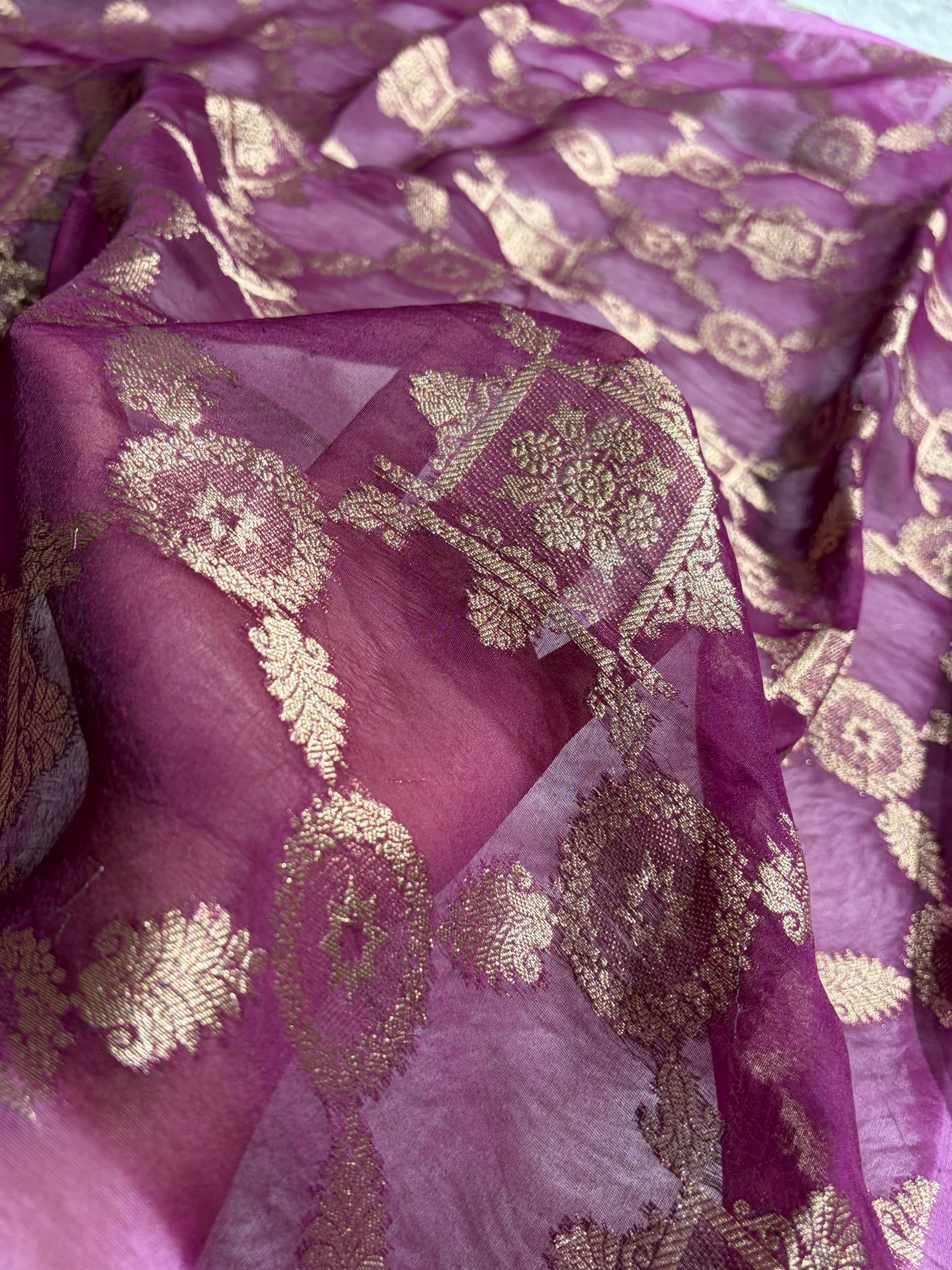 Banarasi Pure Organza Contrast Wine With Lavender Shades Banarasi Silk Saree PO-38
