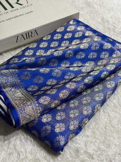 Banarasi Cross Royal Blue Shades Satin Tissue Silk Saree In Booti motif ST01