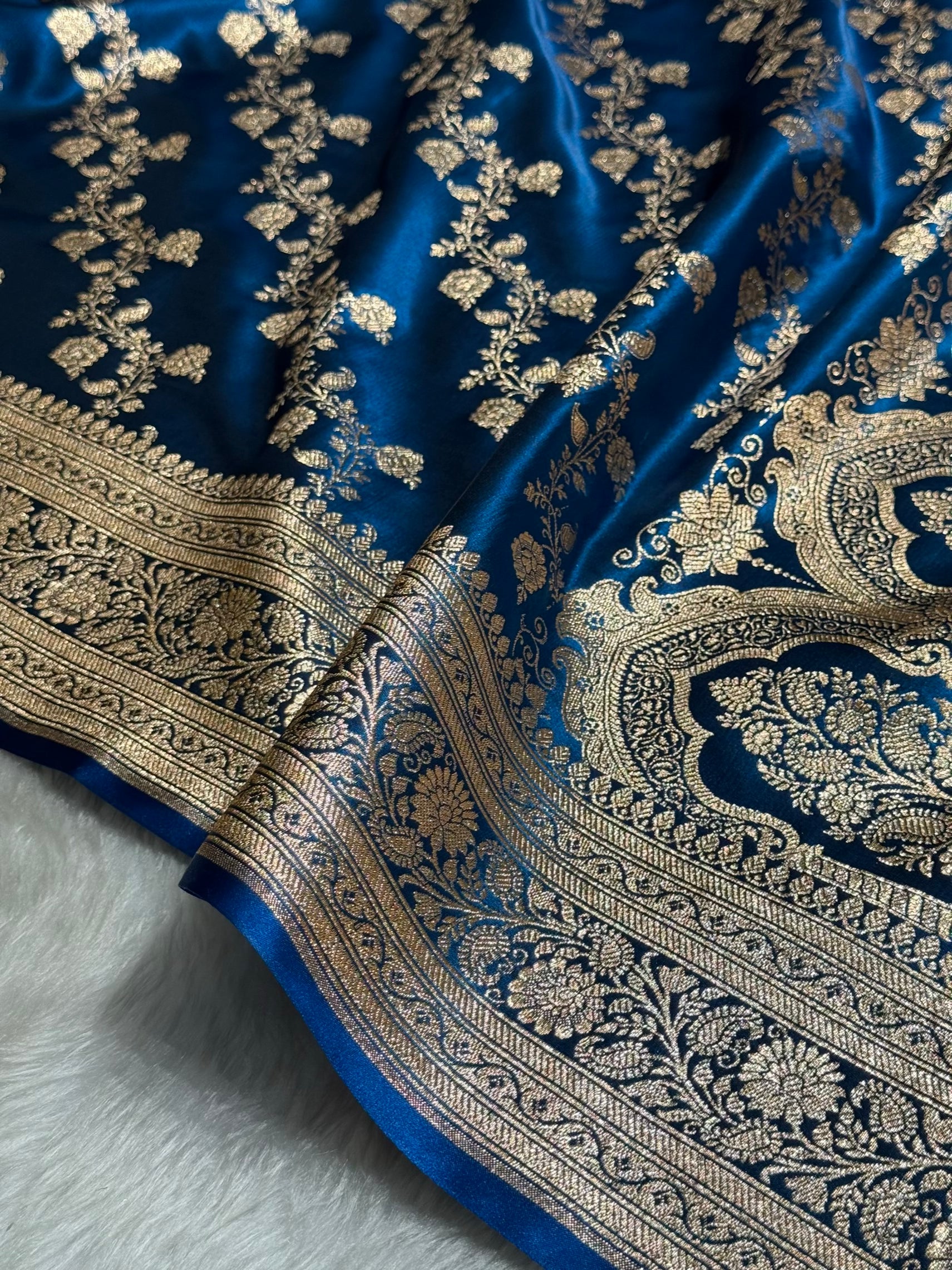 German Blue Shades Banarasi  Cross Jaal Satin Silk Saree SS11