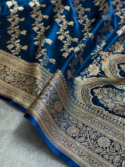 German Blue Shades Banarasi  Cross Jaal Satin Silk Saree SS11