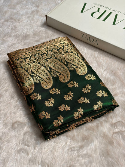Bottle Green Shades Banarasi Satin Silk Saree SS34
