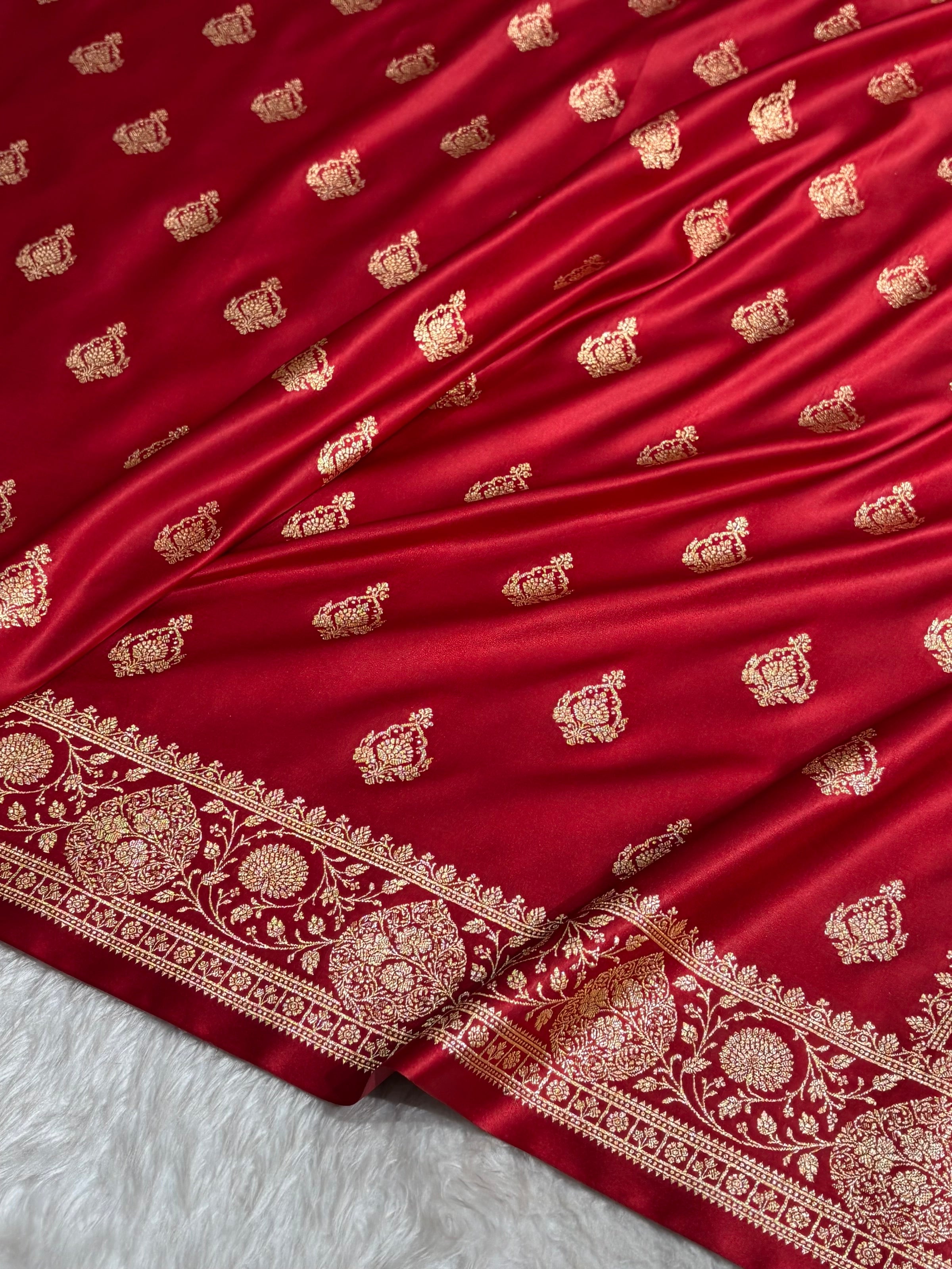 Banarasi Satin Katan Saree With Boota in Maroon Shades SK98