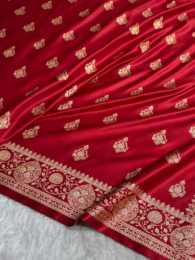 Banarasi Satin Katan Saree With Boota in Maroon Shades SK98